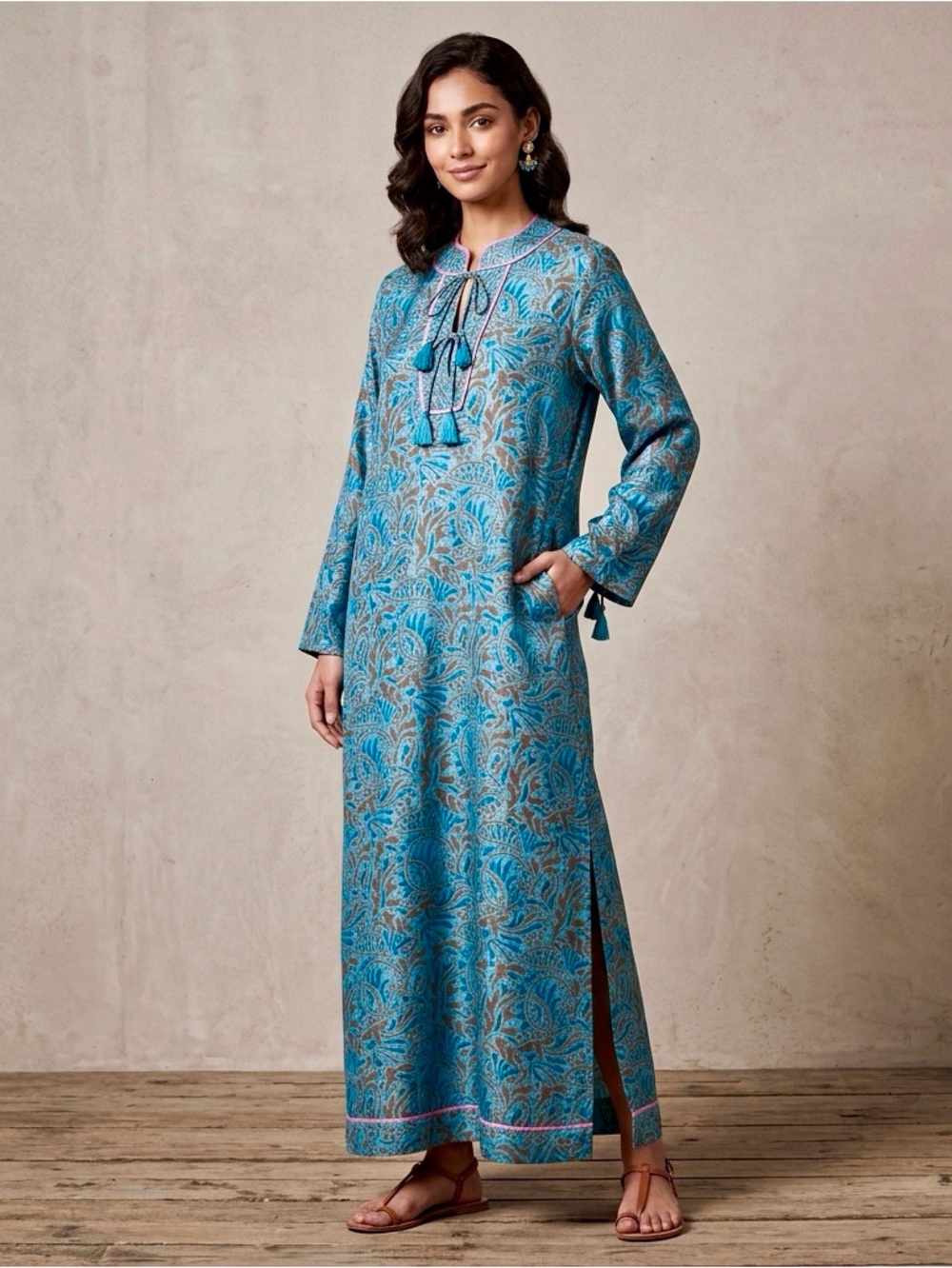 Cleobella / Turquoise Blue Printed Long Sleeve Kaftan Maxi Dress - Sz M- NWT